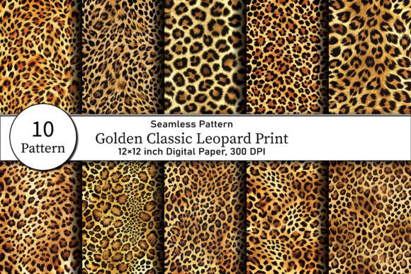 Golden Classic Leopard Print and Animal Skin Digital Paper Bundle: 10 Seamless Patterns for Creative Projects