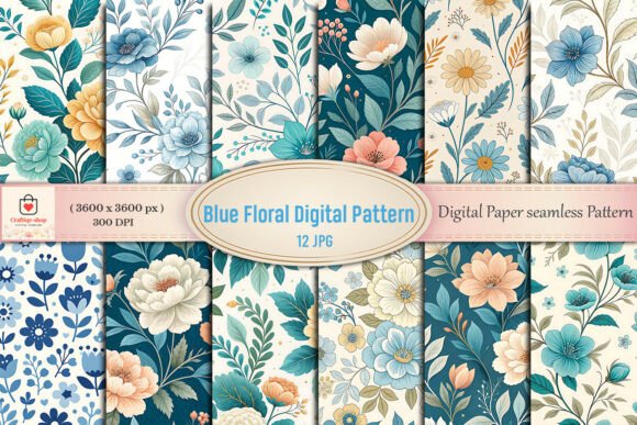 Retro Blue Floral Digital Paper: Timeless Elegance for Modern Creations