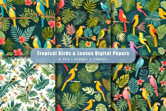 Tropical Birds Leaves Digital Papers Bring the Tropics to Your Creations